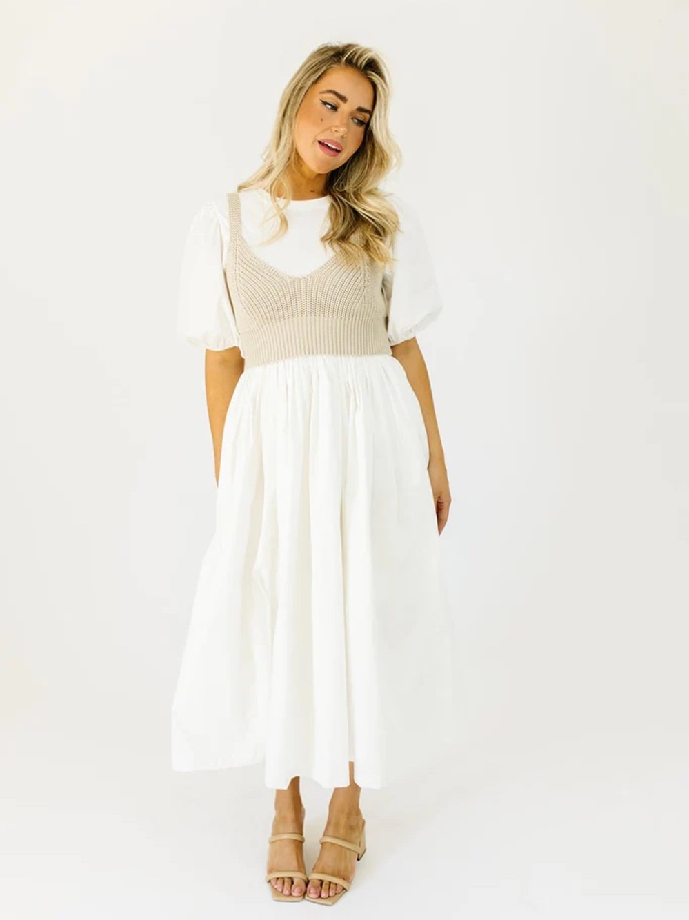 White Puff-Sleeve Midi Dress with Beige Knit Bodice - Picture 8 of 16